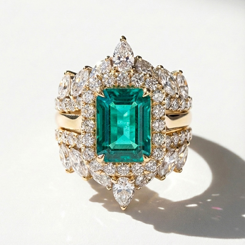 Sotiya 3PC Halo Emerald Cut Wedding Bridal Ring Set Sterling Silver-Sotiya