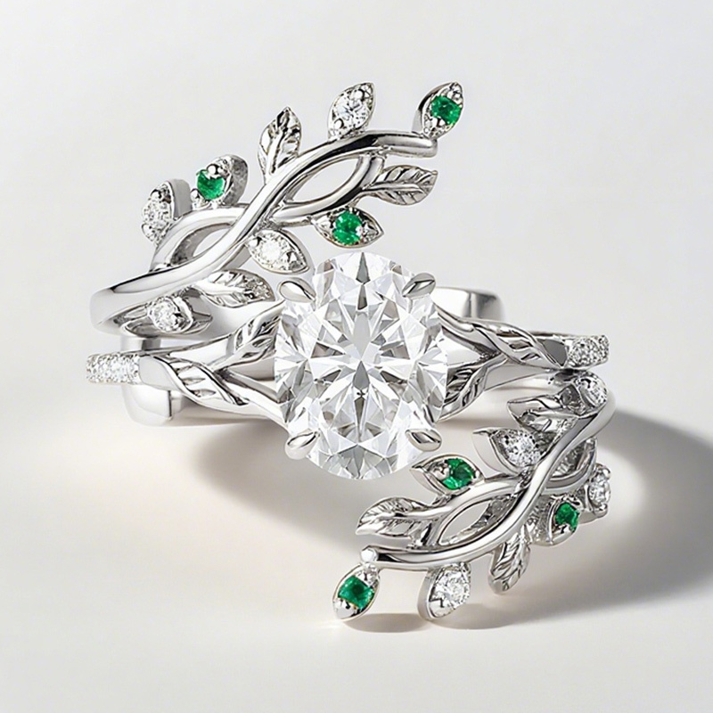 Sotiya Oval Cut Vine Leaf Design Wedding Bridal Ring Set Sterling Silver