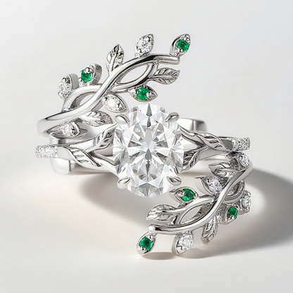 Sotiya Oval Cut Vine Leaf Design Wedding Bridal Ring Set Sterling Silver