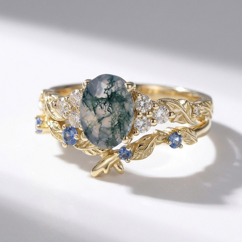 Sotiya Leaf Cluster Moss Agate Oval Cut Wedding Bridal Ring Set Sterling Silver-Sotiya