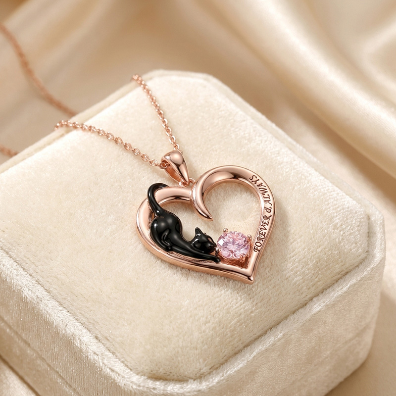 Sotiya 12 Birthstones Custom Engraving Heart Black Cat Round Cut Necklace Sterling Silver-Sotiya