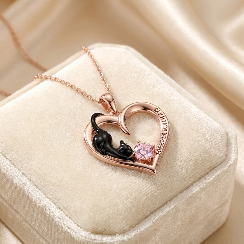 Sotiya 12 Birthstones Custom Engraving Heart Black Cat Round Cut Necklace Sterling Silver-Sotiya