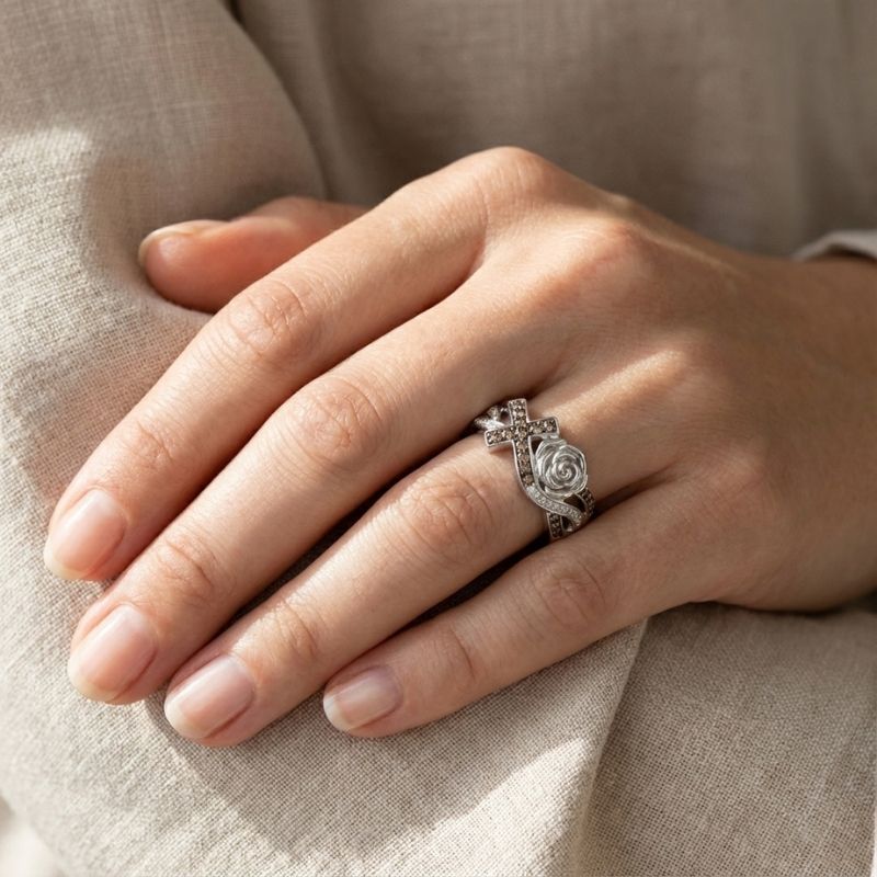 Sotiya Rose Design Faith Cross Coffee Cocktail Ring Sterling Silver-Sotiya