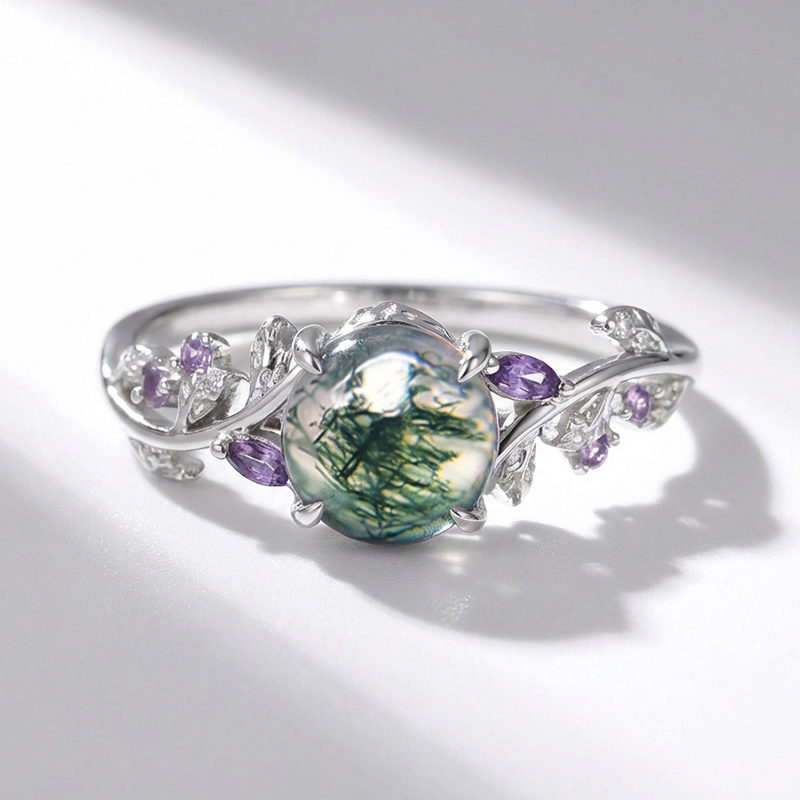 Sotiya Nature Inspired Leaf Round Cut Moss Agate Engagement Ring Sterling Silver-Sotiya