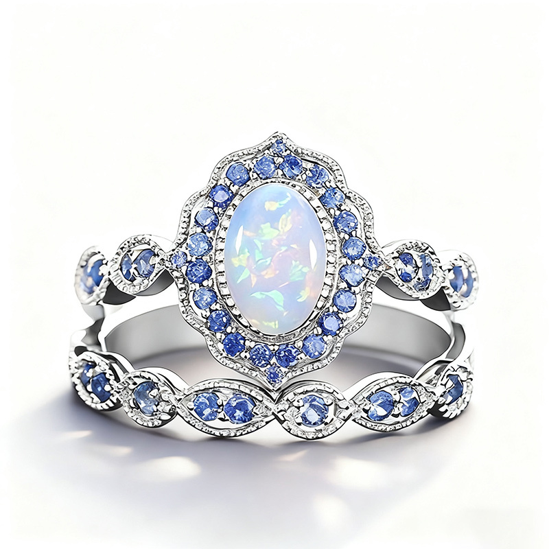 Sotiya Vintage Halo Oval Cut Opal Wedding Bridal Ring Set Sterling Silver-Sotiya