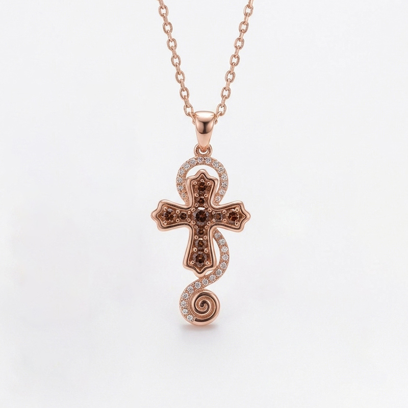 Sotiya Cross Design Faith Round Cut Coffee Necklace Sterling Silver-Sotiya