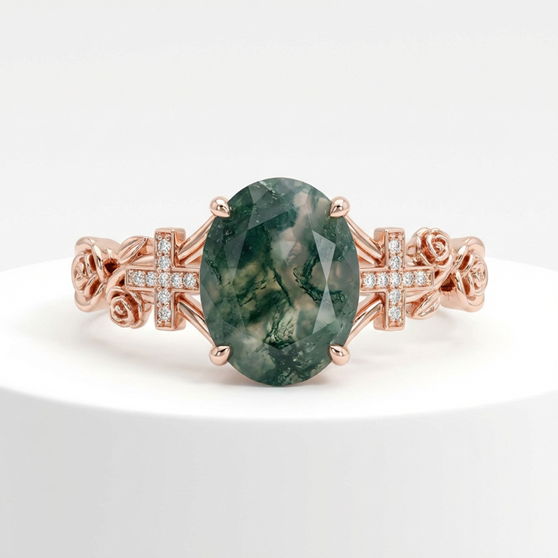 Sotiya Rose Design Faith Cross Oval Cut Green Moss Agate Engagement Ring Sterling Silver-Sotiya