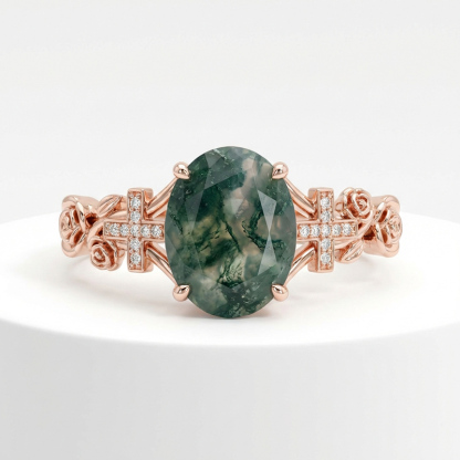 Sotiya Rose Design Faith Cross Oval Cut Green Moss Agate Engagement Ring Sterling Silver-Sotiya