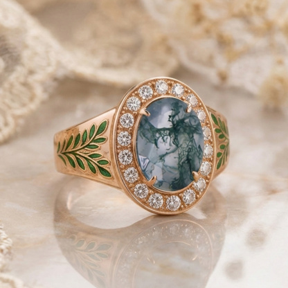 Sotiya Victorian Bay Leaf Enamel Halo Oval Cut Moss Agate Engagement Ring Sterling Silver-Sotiya
