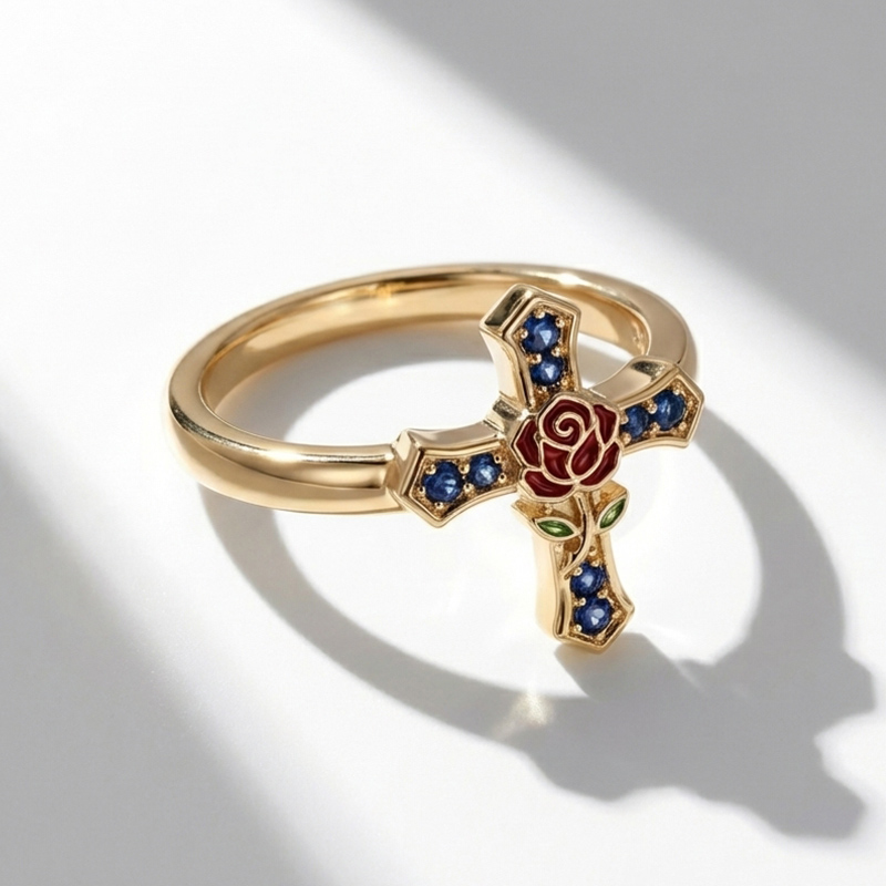 Sotiya Enchanted Red Rose Design Enamel Faith Cross Cocktail Ring Sterling Silver-Sotiya