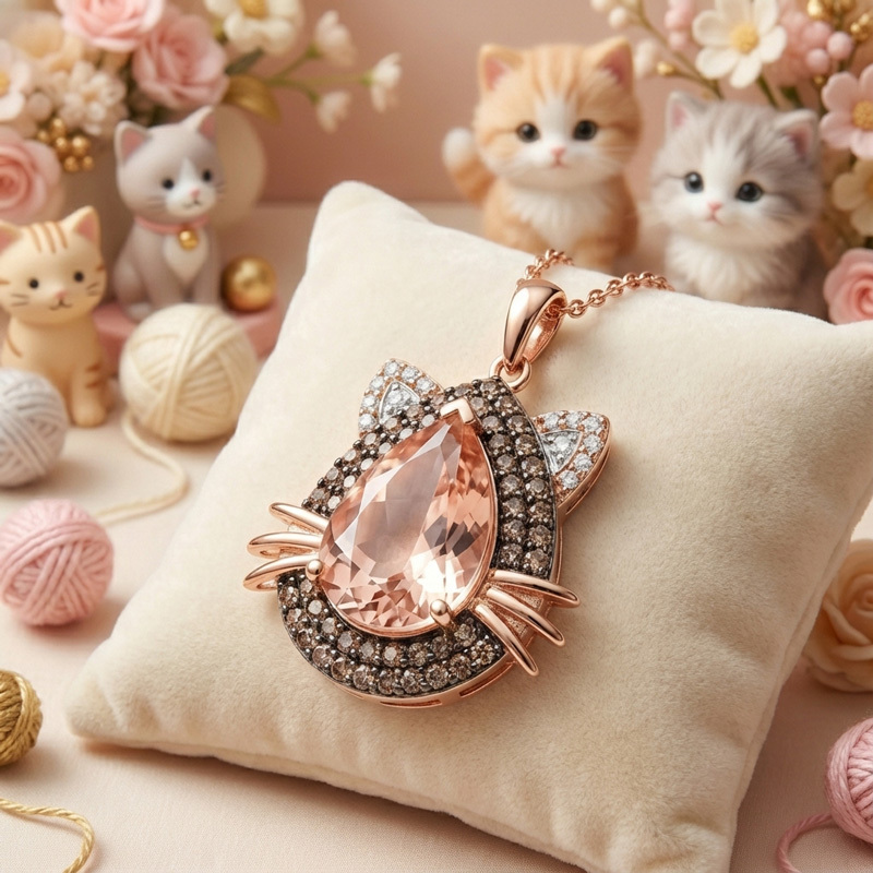 Sotiya Cat Design Double Halo Synthetic Morganite Pear Cut Coffee Necklace Sterling Silver-Sotiya