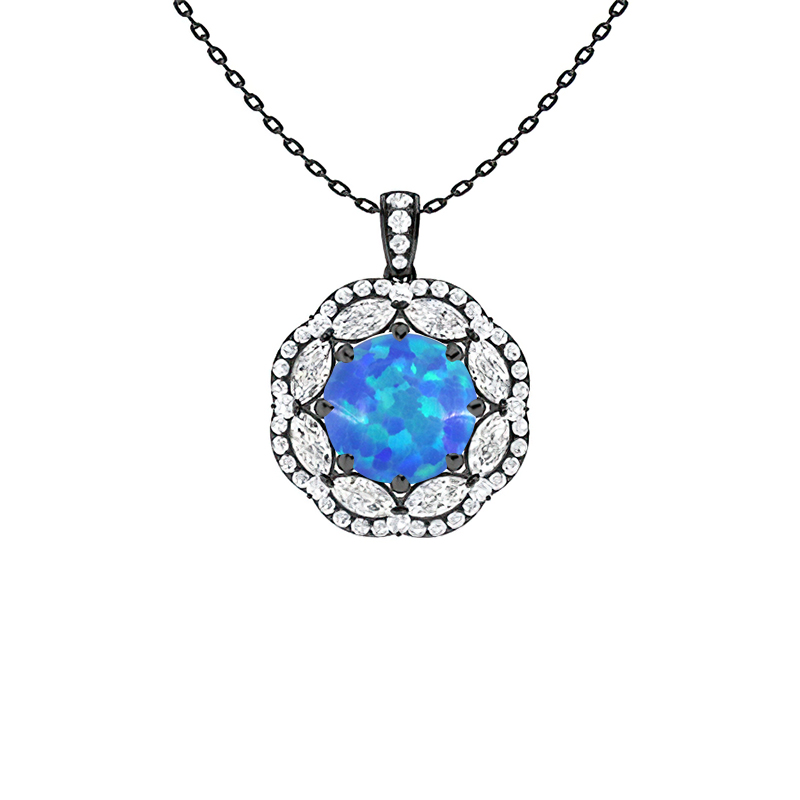 Sotiya Opal Round Cut Gorgeous Kaleidoscope Design Double Halo Necklace Sterling Silver-Sotiya