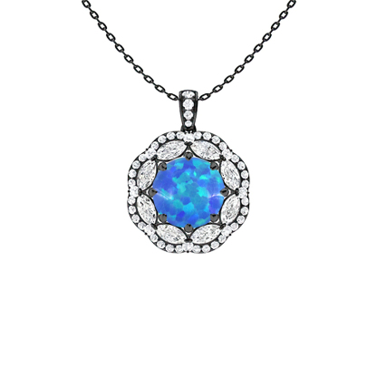 Sotiya Opal Round Cut Gorgeous Kaleidoscope Design Double Halo Necklace Sterling Silver-Sotiya