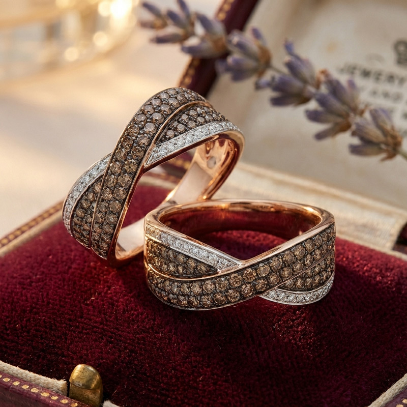 Sotiya Twist Design Round Cut Coffee Couple Rings Sterling Silver-Sotiya