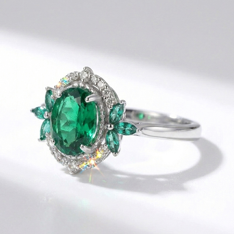 Sotiya Art Deco Emerald Green Oval Cut Engagement Ring Sterling Silver