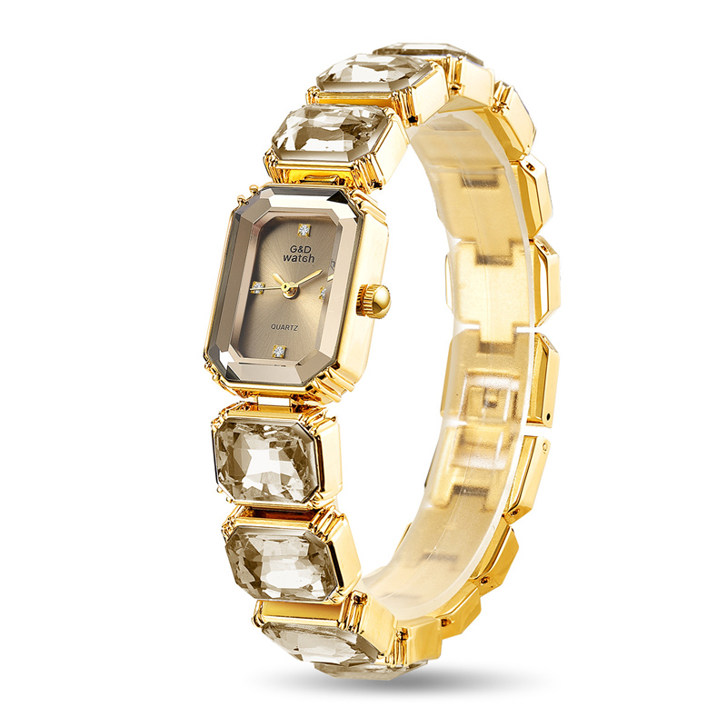 Sotiya Square Dial Quartz Movement Gold Watch with Stone-Encrusted Strap-Sotiya
