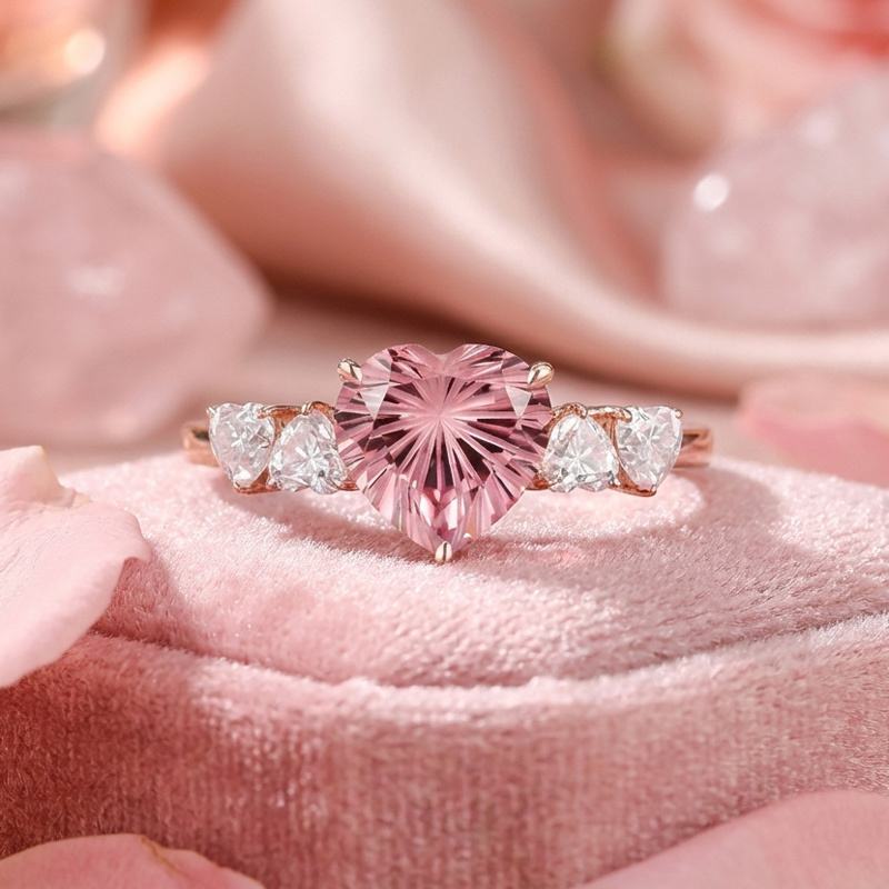 Sotiya Heart Sidestones Pink Heart Fantasy Starbrite Cut Engagement Ring Sterling Silver-Sotiya