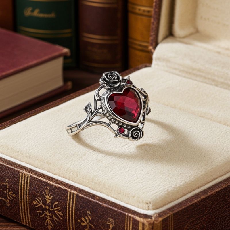 Sotiya Vintage Rose Heart Cut Garnet Skull Inspired Cocktail Ring Sterling Silver-Sotiya