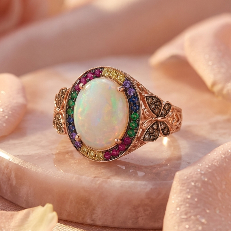 Sotiya Butterfly Colorful Halo Opal Oval Cut Coffee Engagement Ring Sterling Silver-Sotiya