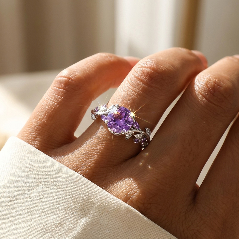 Sotiya Nature Inspired Leaf Round Cut Amethyst Engagement Ring Sterling Silver-Sotiya