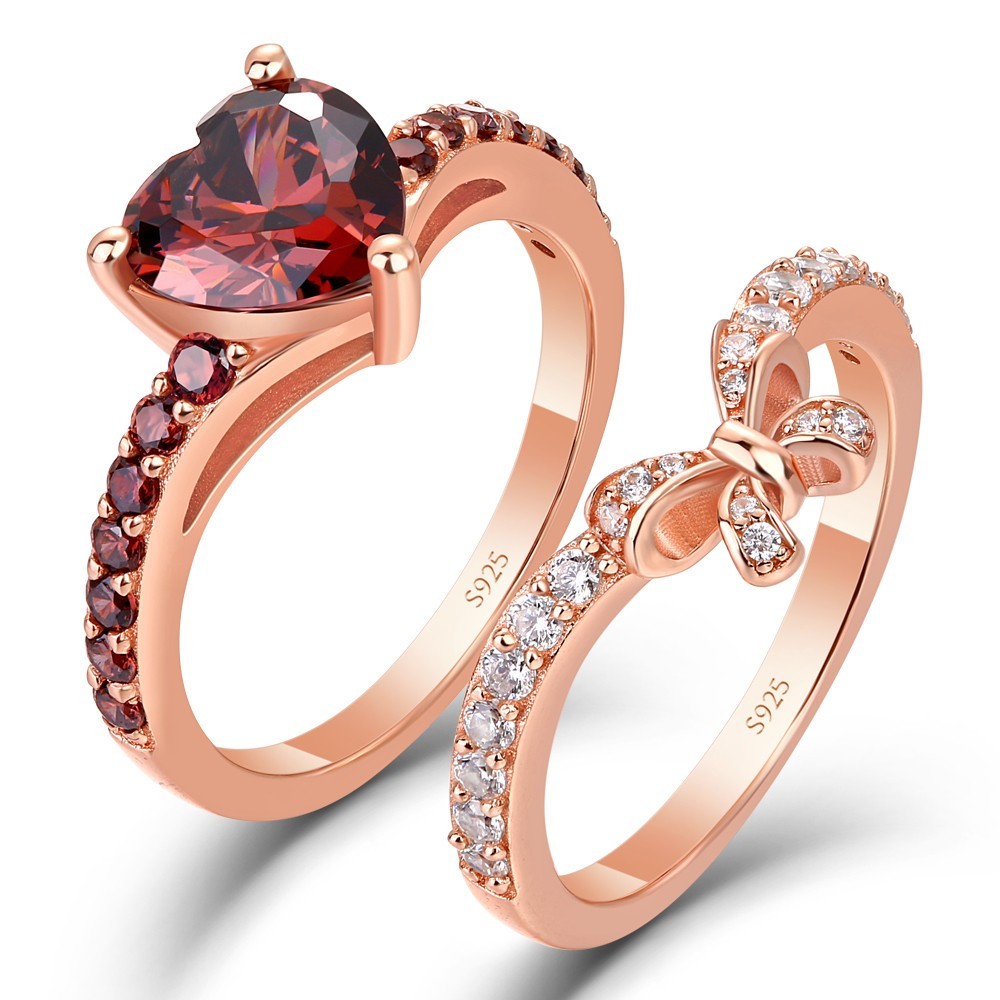 Sotiya Heart Cut Chocolate Bow Rose Gold Wedding Bridal Ring Set Sterling Silver-Sotiya