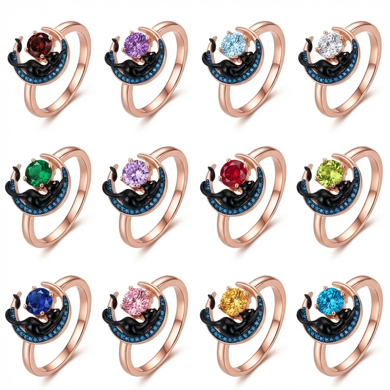 Sotiya 12 Birthstones Crescent Moon & Black Cat Round Cut Ring Sterling Silver-Sotiya