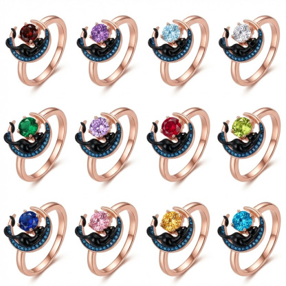 Sotiya 12 Birthstones Crescent Moon & Black Cat Round Cut Ring Sterling Silver-Sotiya