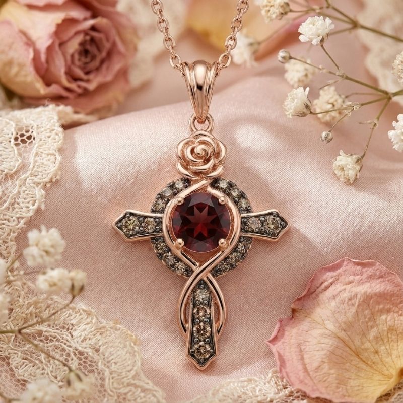 Sotiya Rose Design Faith Cross Coffee Round Cut Necklace Sterling Silver-Sotiya