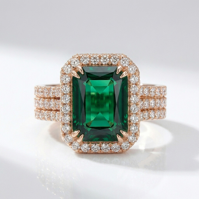 Sotiya Halo Radiant Cut Emerald Green Engagement Ring Sterling Silver