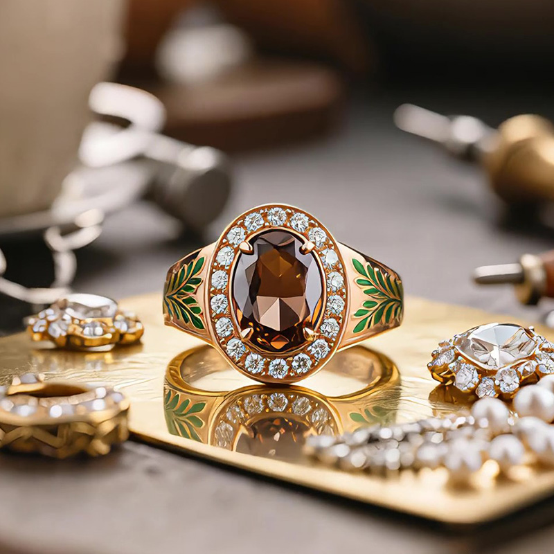 Sotiya Victorian Bay Leaf Enamel Halo Oval Cut Coffee Engagement Ring Sterling Silver-Sotiya