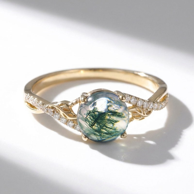 Sotiya Leaf Twist Green Moss Agate Round Cut Engagement Ring Sterling Silver-Sotiya