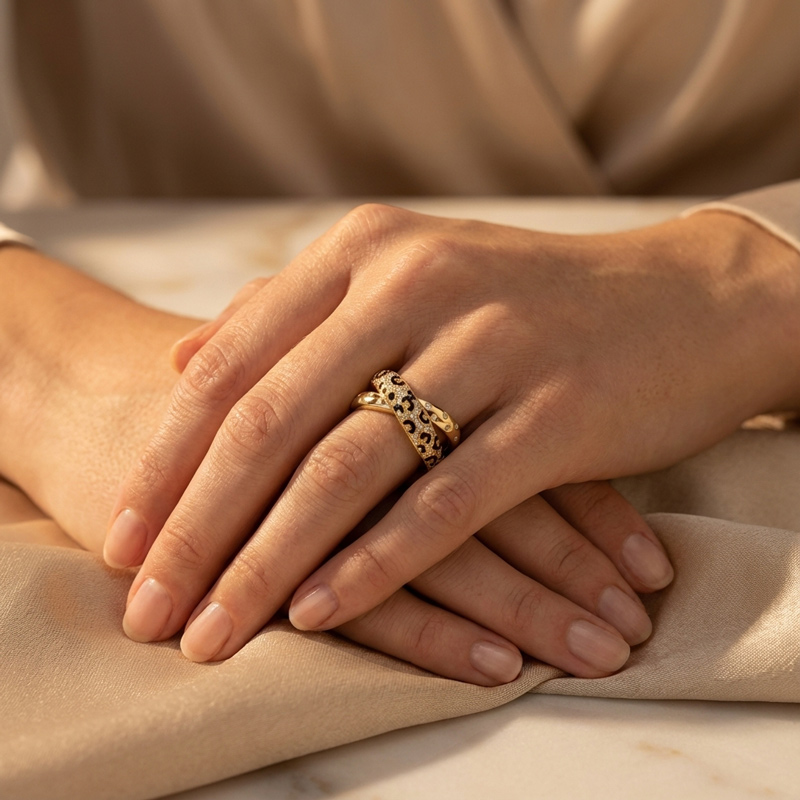 Sotiya Cross Leopard Print Black Enamel Ring Sterling Silver-Sotiya