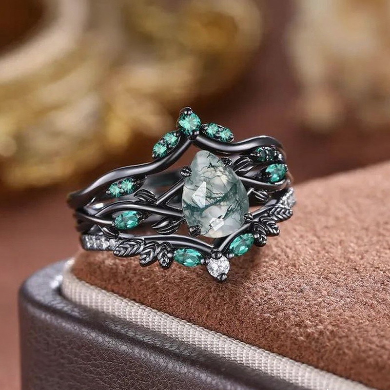 Sotiya 3PC Nature Inspired Pear Cut Green Moss Agate Wedding Bridal Ring Set Sterling Silver-Sotiya