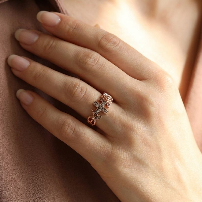 Sotiya Rose Design Faith Cross Coffee Cocktail Ring Sterling Silver-Sotiya