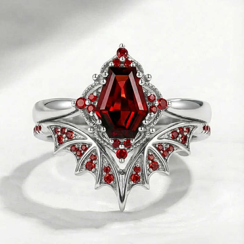 Sotiya Vintage Gothic Bat Coffin Cut Wedding Bridal Ring Set Sterling Silver-Sotiya