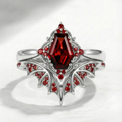 Sotiya Vintage Gothic Bat Coffin Cut Wedding Bridal Ring Set Sterling Silver-Sotiya