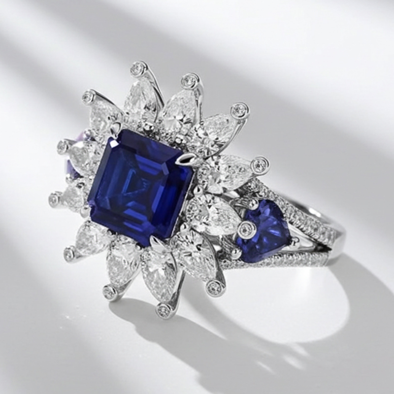 Sotiya Halo Asscher Cut Sidestones Engagement Ring Sterling Silver-Sotiya