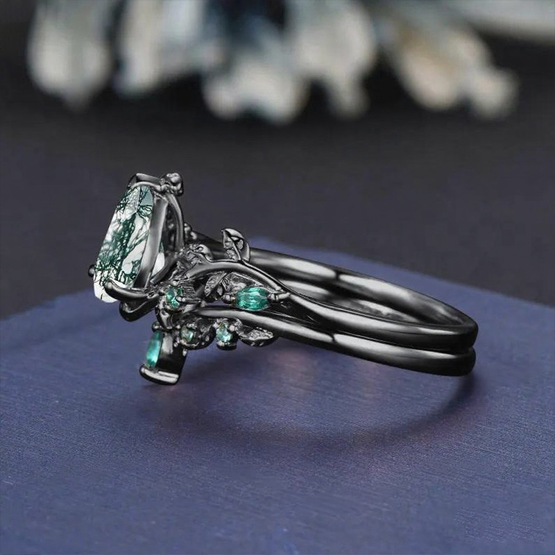 Sotiya Nature Inspired Pear Cut Green Moss Agate Wedding Bridal Ring Set Sterling Silver-Sotiya