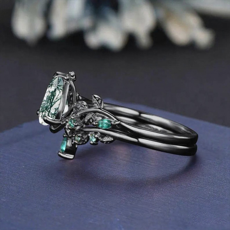 Sotiya Nature Inspired Pear Cut Green Moss Agate Wedding Bridal Ring Set Sterling Silver-Sotiya