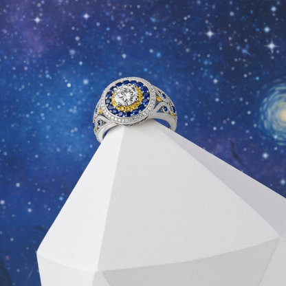 Sotiya Artist Collection Famous Painting Starry Night Triple Halo Round Cut Vintage Engagement Ring Sterling Silver-Sotiya