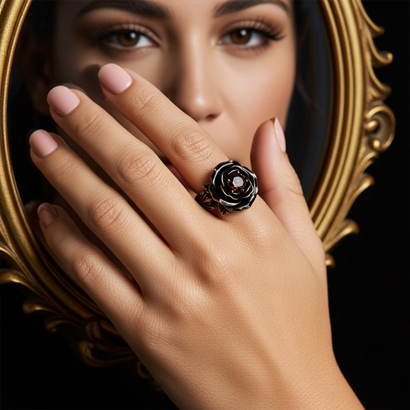 Sotiya Gothic Flower Black Enamel Round Cut Coffee Cocktail Ring Sterling Silver-Sotiya