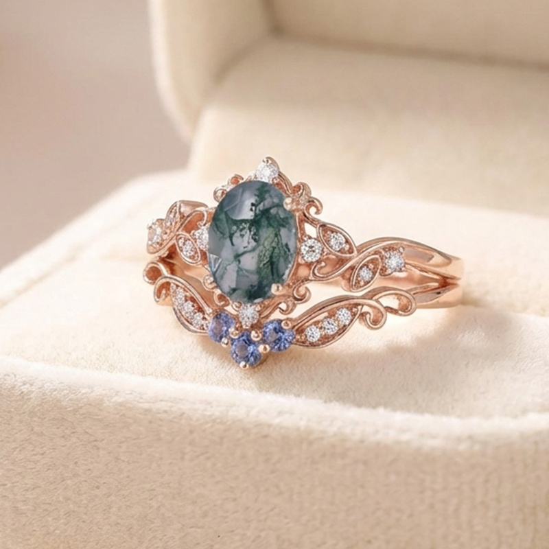 Sotiya Vintage Cornflower Moss Agate Oval Cut Wedding Bridal Ring Set Sterling Silver-Sotiya