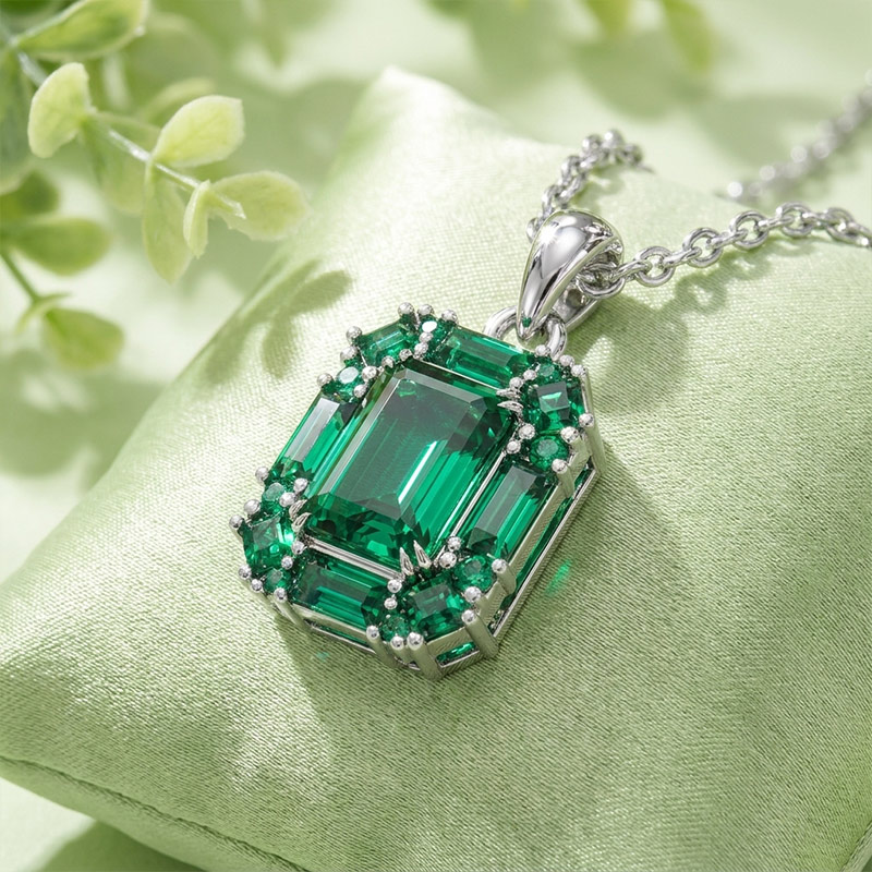 Sotiya Halo Radiant Cut Emerald Green Necklace Sterling Silver