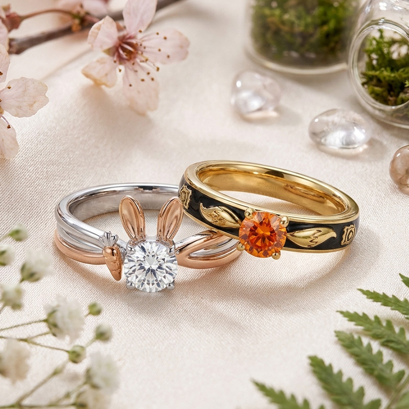 Animal City Bunny and Fox Inspired Round Cut Couple Rings-Sotiya