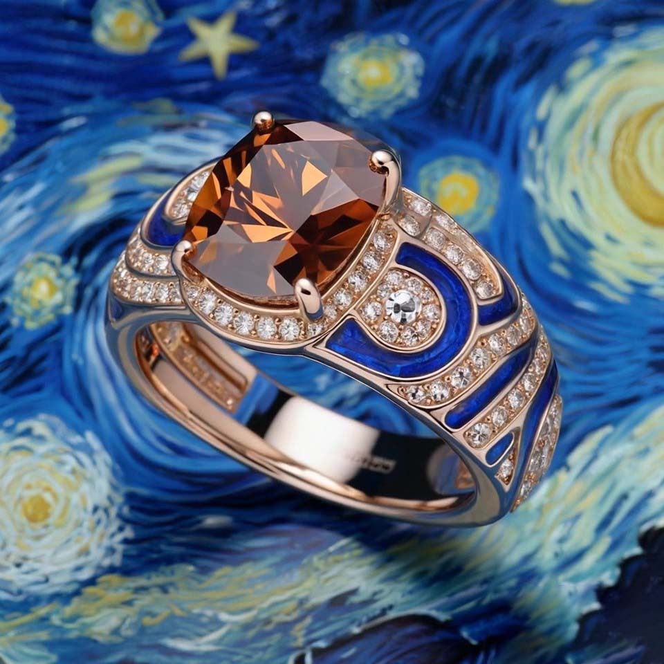 Sotiya Artist Collection Famous Painting Starry Night Halo Oval Cut Chocolate Engagement Ring Sterling Silver-Sotiya