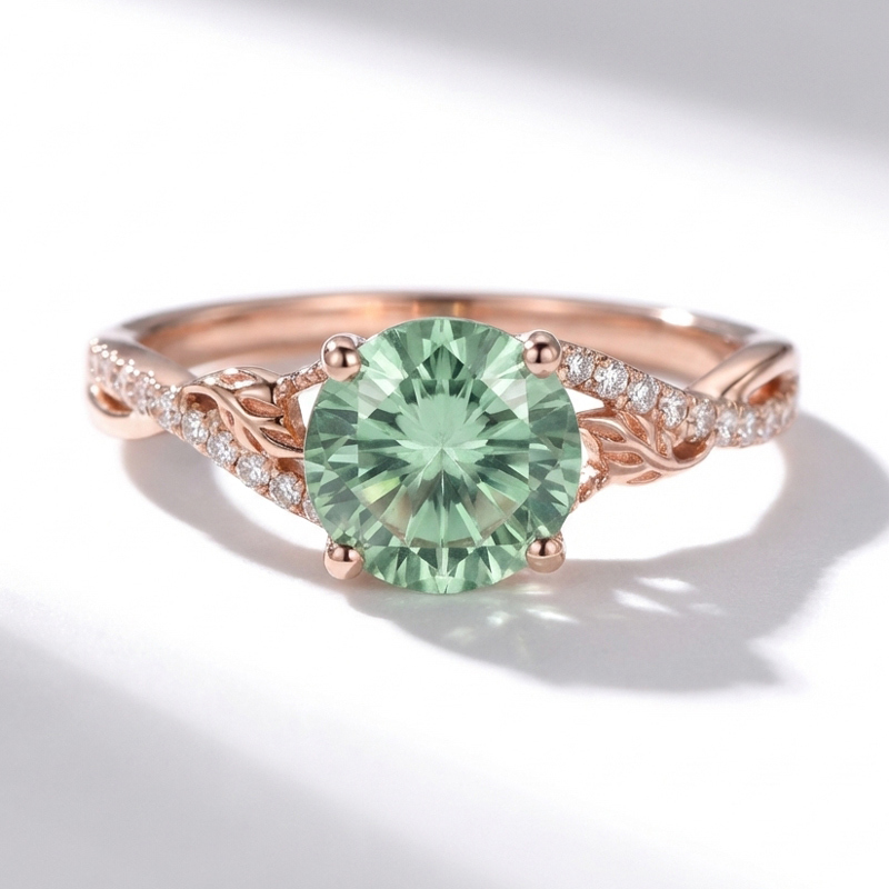 Sotiya Leaf Twist Green Round Fantasy Starbrite Cut Engagement Ring Sterling Silver-Sotiya