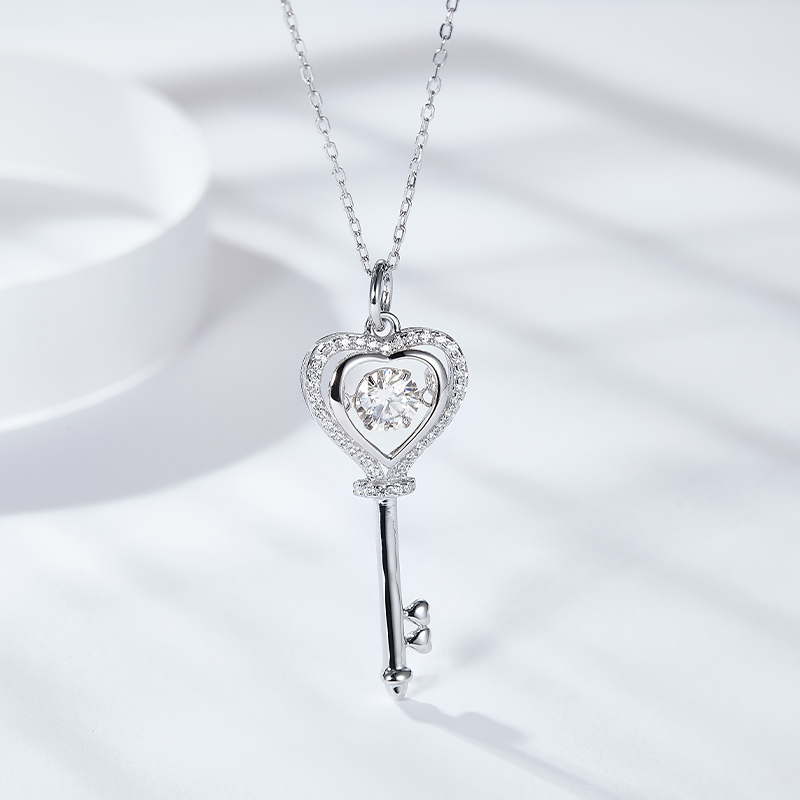 Sotiya Hollow Heart and Key Design Round Cut Moissanite Necklace Sterling Silver-Sotiya