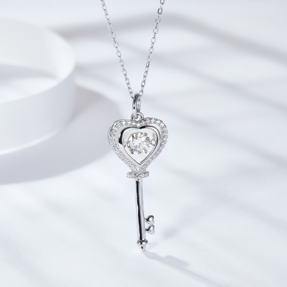 Sotiya Hollow Heart and Key Design Round Cut Moissanite Necklace Sterling Silver-Sotiya