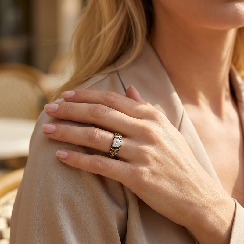 Sotiya Heart Cut Leopard Print Coffee Black Enamel Ring Sterling Silver-Sotiya