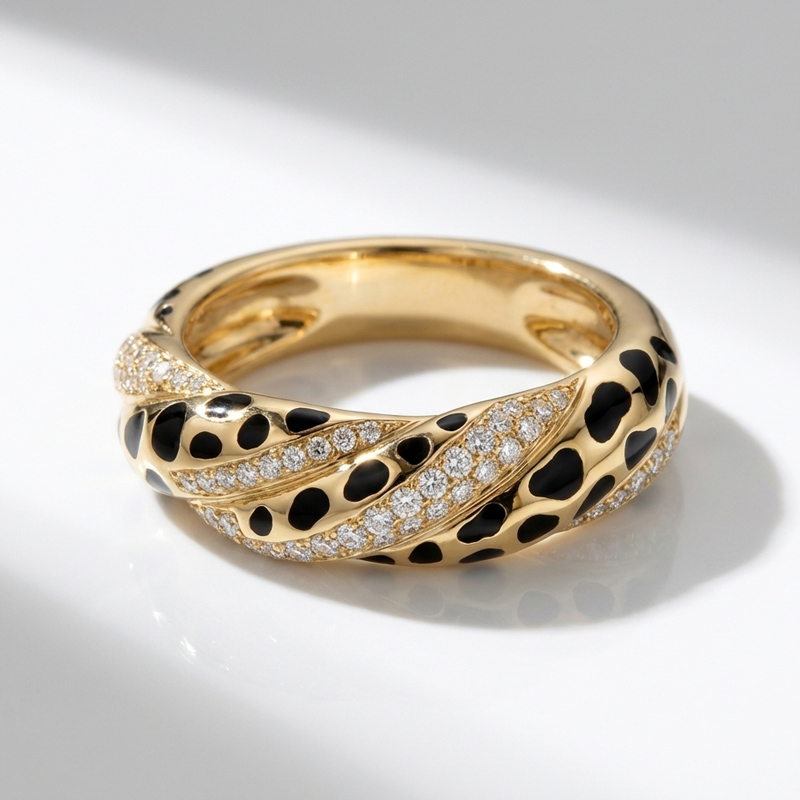 Sotiya Twist Leopard Print Black Enamel Ring Sterling Silver-Sotiya